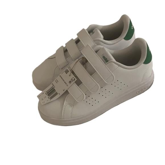 Adidas Advantage Base 2.0 Kids White Sneakers with Green Accents, Size 3 - Picture 1 of 7